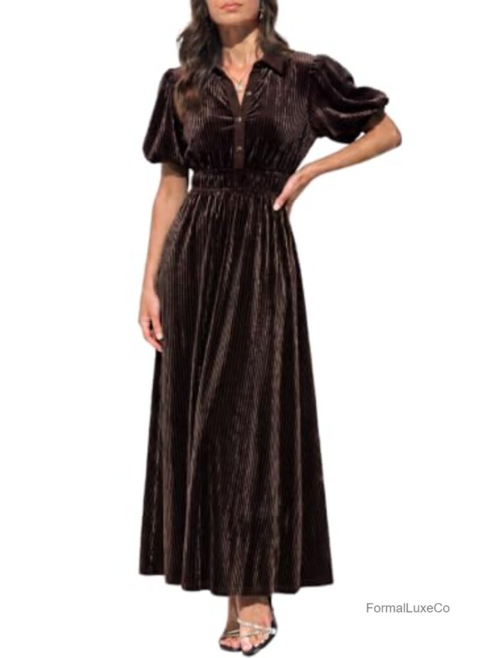 Velvet Maxi Dress Button Down Collared Puff Sleeve with Pockets